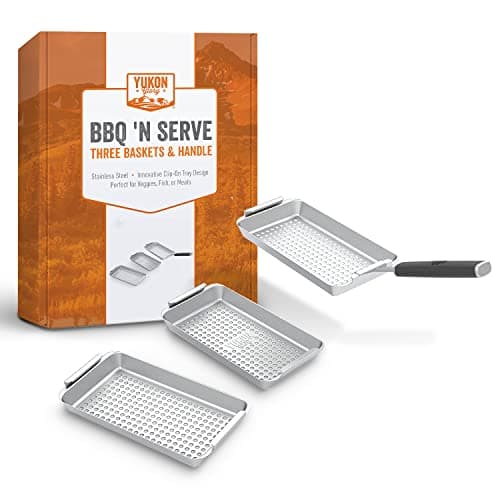 Yukon Glory three-piece stainless steel grill basket set with clip-on handle